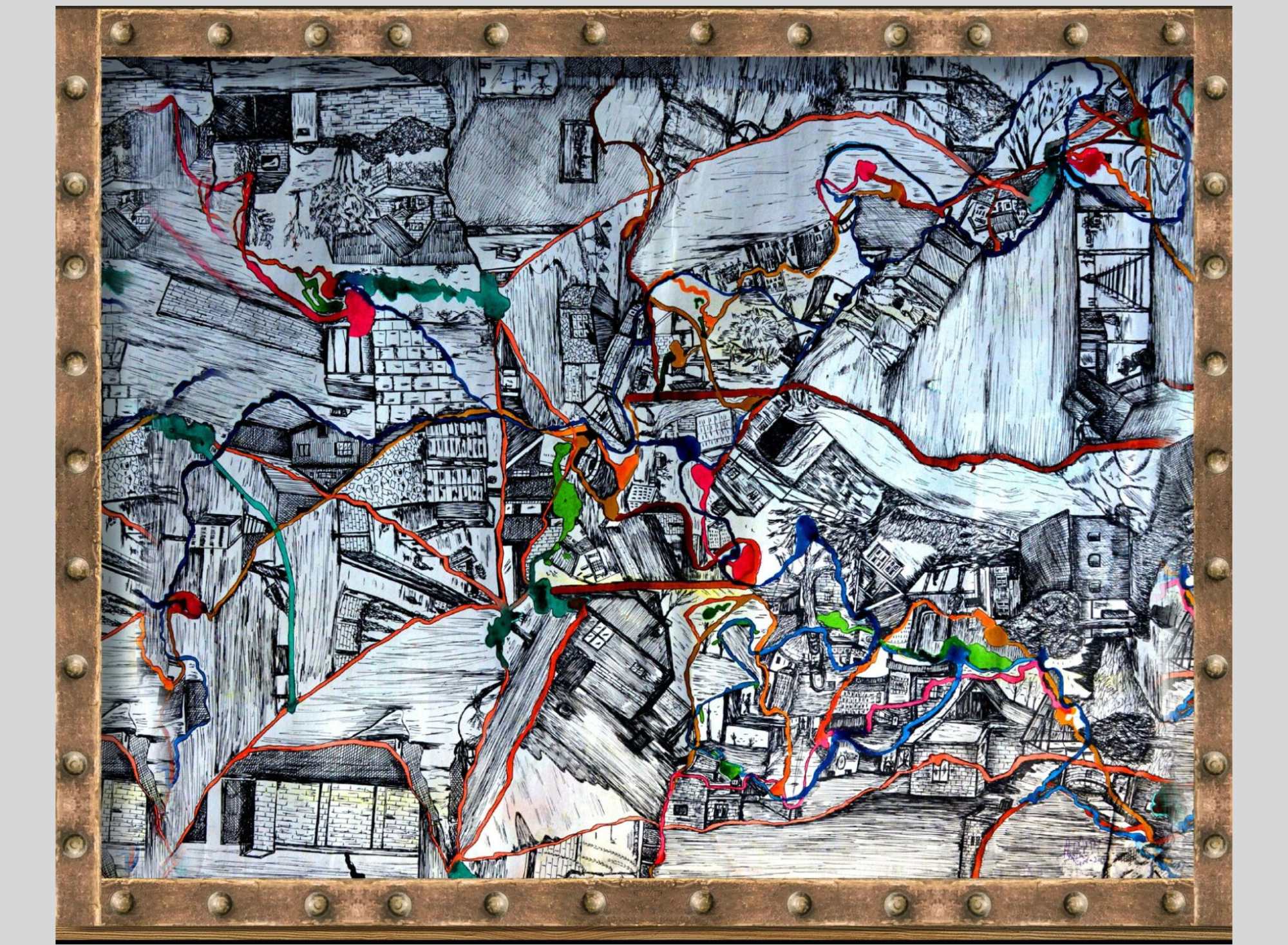 Ink and pen artwork by Mohd Syeed Teeli, My Personal Dystopia (2013), part of the Cosmo Mapping series, showing fragmented urban maps and memories of Srinagar.