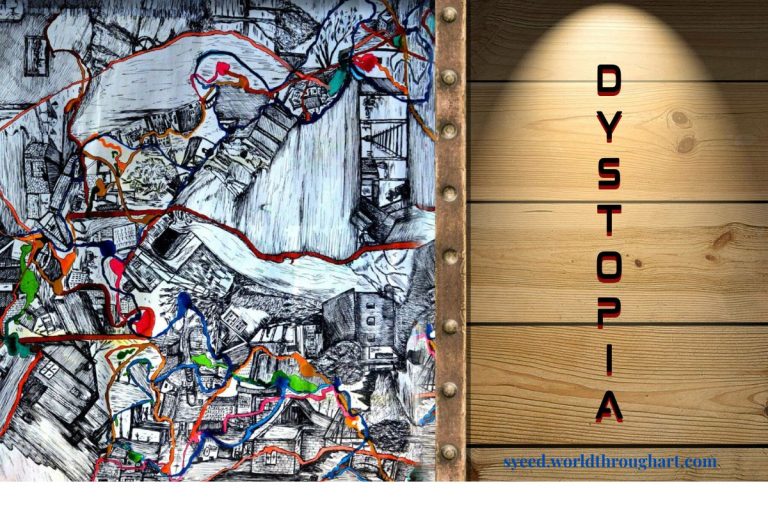 Abstract urban artwork titled "My Personal Dystopia" (2013) by artist Syeed, part of the Cosmo Mapping series, ink and pen on paper.