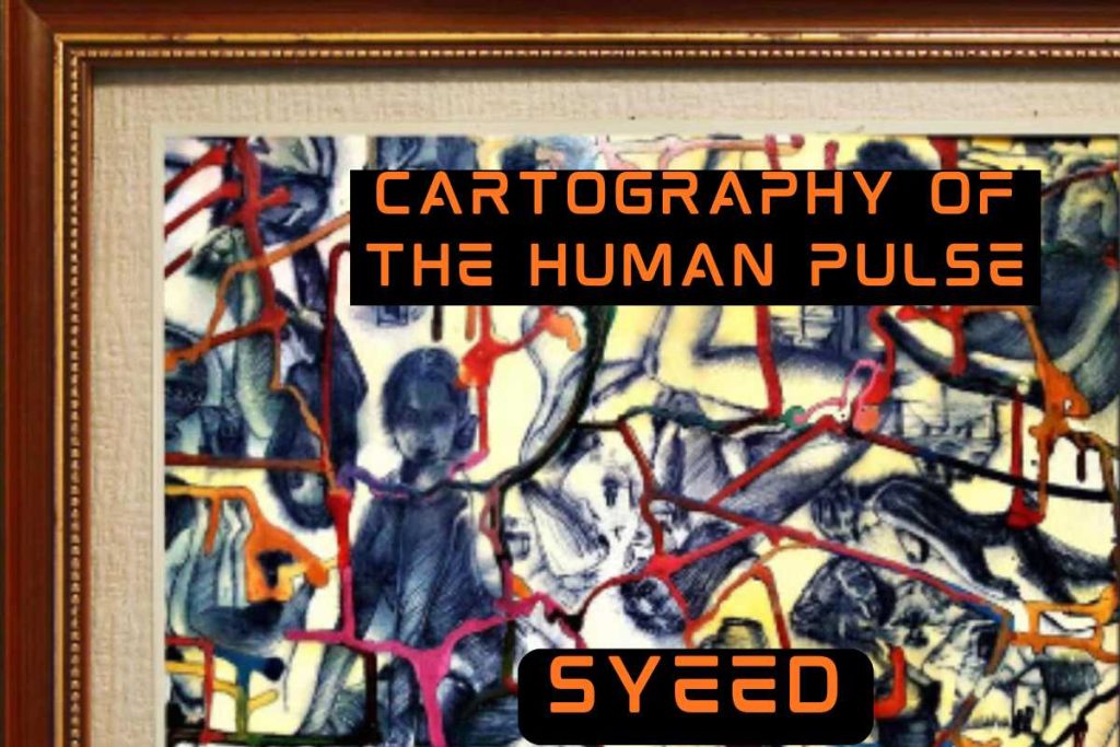 Abstract black-and-white human figures connected by red and orange lines symbolizing emotional and cultural unity – artwork by Mohd Syeed Teeli from the Cosmomapping Series.