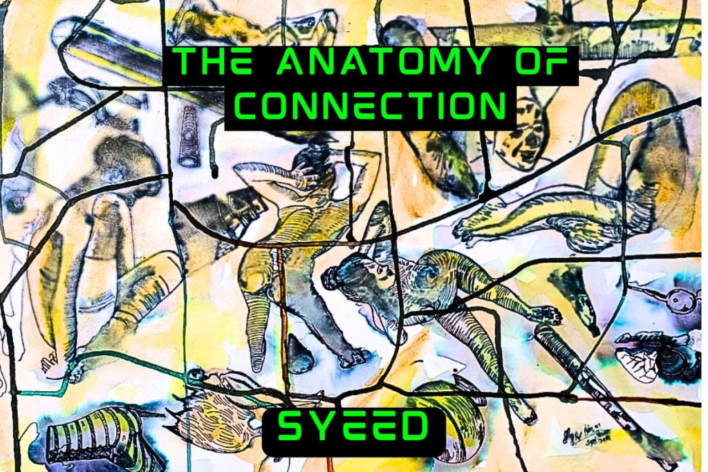Abstract artwork by Mohd Syeed Teeli showing fragmented human figures connected by black lines and layers of yellow-blue color — symbolizing emotional and cultural connection.