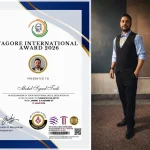 Tagore International Award 2026 certificate and portrait of Cosmopolitan Artist Mohd Syeed Teeli from Jammu & Kashmir, India.