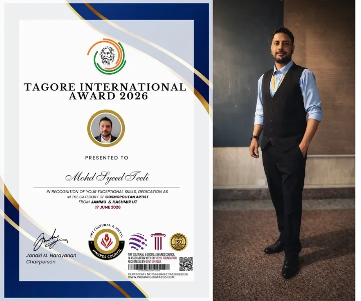 Tagore International Award 2026 certificate and portrait of Cosmopolitan Artist Mohd Syeed Teeli from Jammu & Kashmir, India.